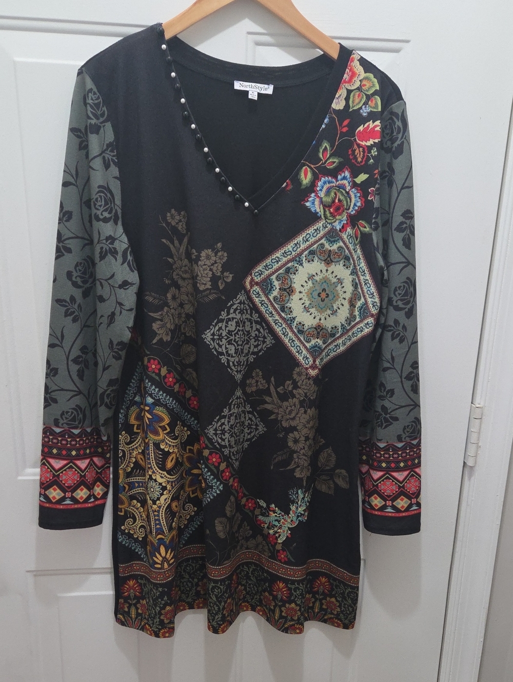 NorthStyle Black Floral Patchwork Print Long-Sleeve Tunic/Dress XL